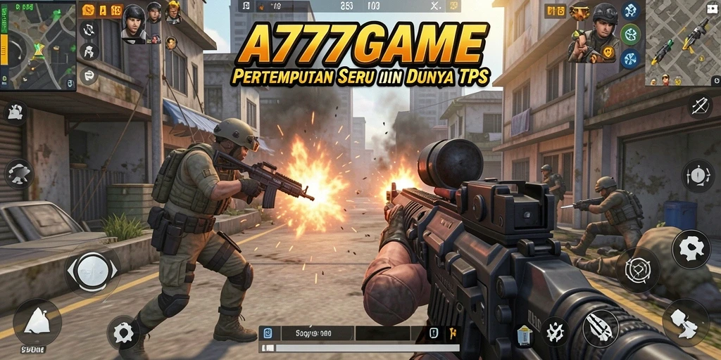 Tangkapan layar utama A777GAME menampilkan aksi pertempuran TPS yang mendebarkan.