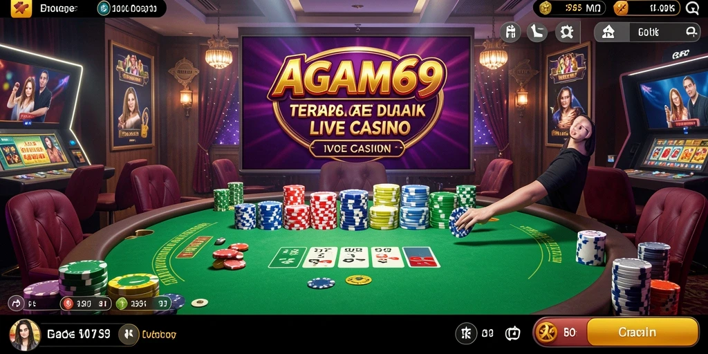 Screenshot AGAM69 menunjukkan dealer langsung dan suasana permainan kasino yang menyenangkan.