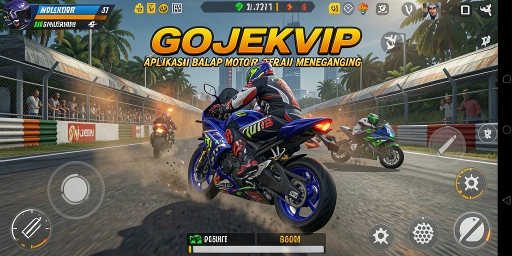 Screenshot gameplay GOJEKVIP menunjukkan balapan motor yang mendebarkan.