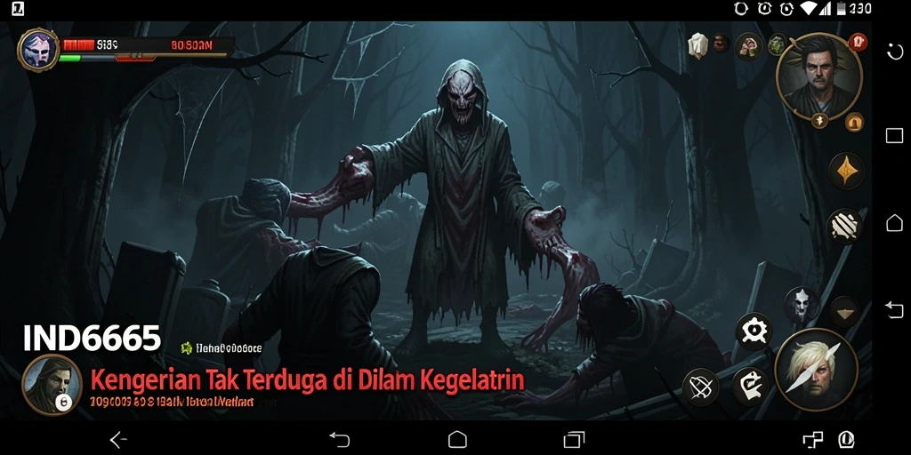 Screenshot gameplay IND666 menampilkan kegelapan yang menakutkan dan makhluk menyeramkan.