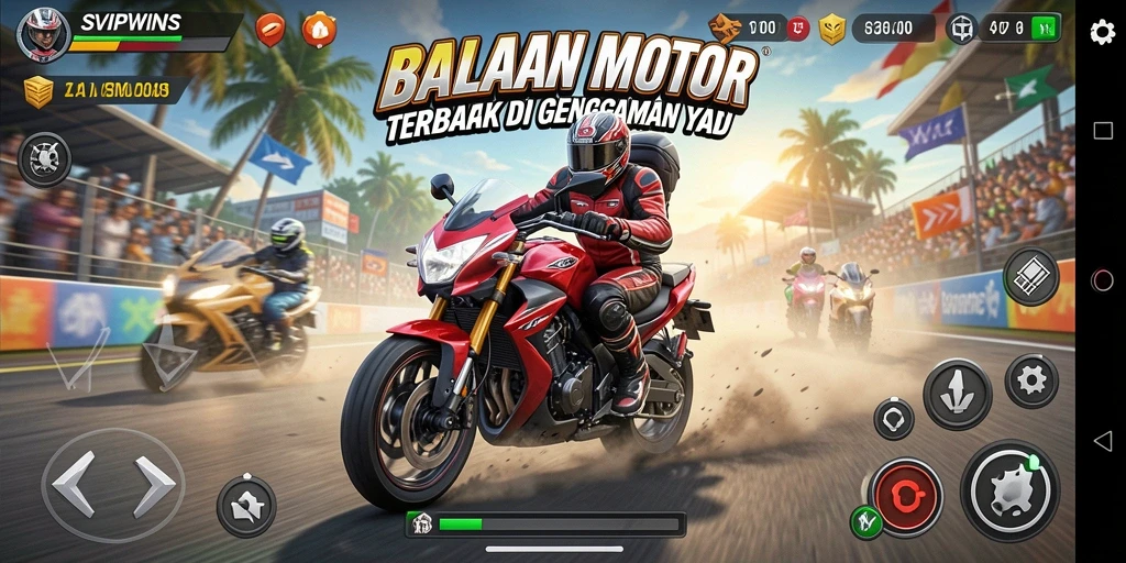 Tampilan gameplay menegangkan di SVIPWINS dengan motor-balap yang cepat.